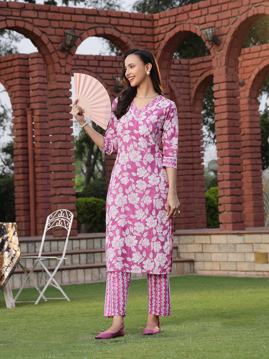 Purple Floral Printed Cotton Straight Kurta Pant Set