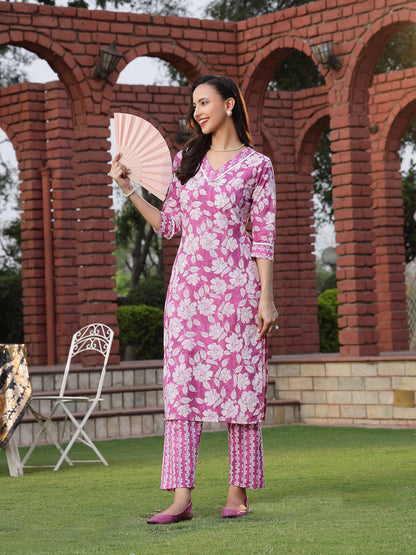Purple Floral Printed Cotton Straight Kurta Pant Set