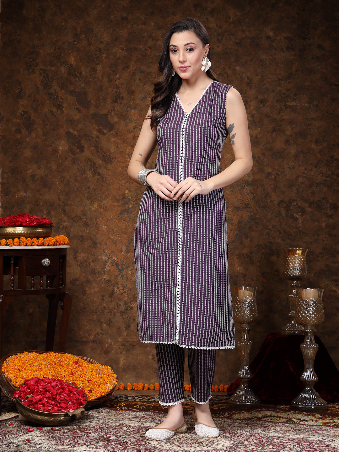 Purple Embroidered Cotton Blend Straight Kurta Pant Set