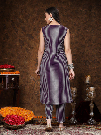 Purple Embroidered Cotton Blend Straight Kurta Pant Set (Pre-Order)