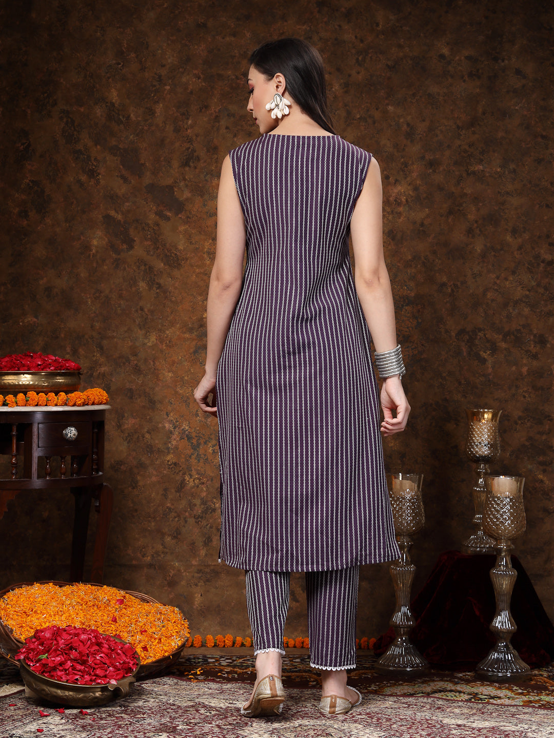 Purple Embroidered Cotton Blend Straight Kurta Pant Set