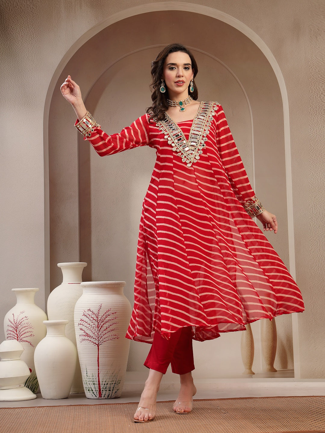 Red Leheriya Printed & Embroidered Georgette A-Line Kurta Pant Set
