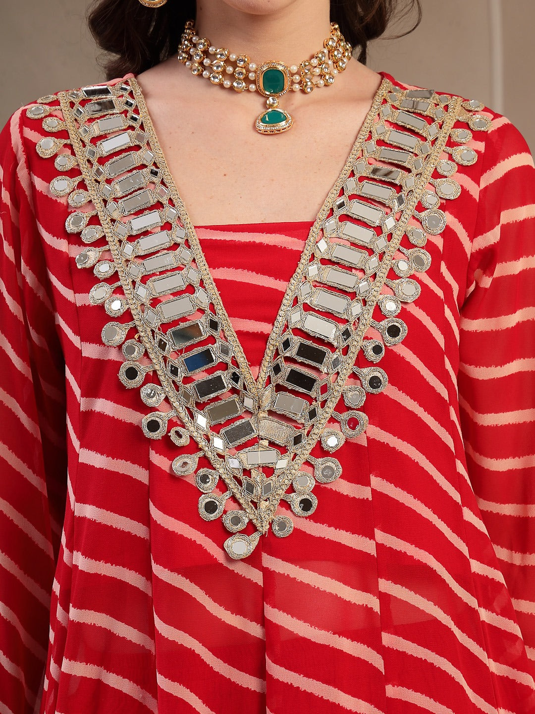 Red Leheriya Printed & Embroidered Georgette A-Line Kurta Pant Set