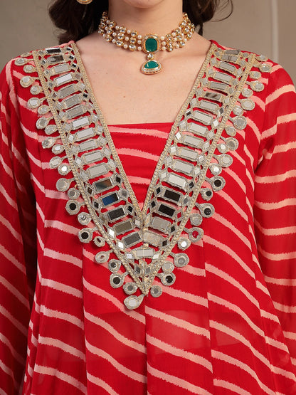 Red Leheriya Printed & Embroidered Georgette A-Line Kurta Pant Set