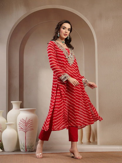 Red Leheriya Printed & Embroidered Georgette A-Line Kurta Pant Set
