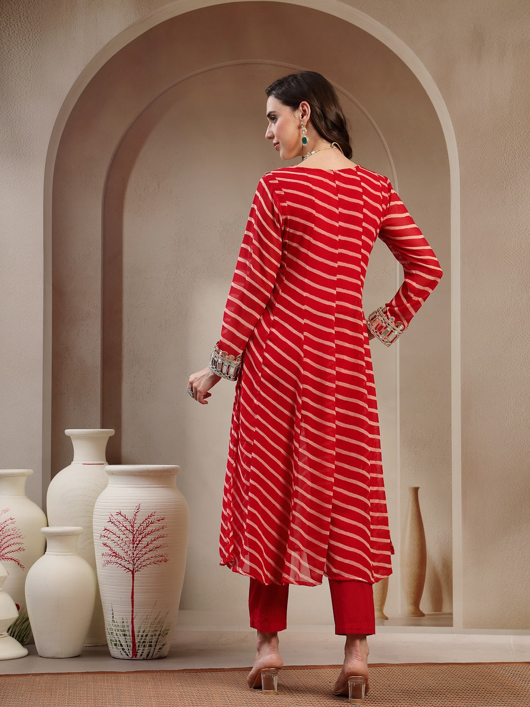 Red Leheriya Printed & Embroidered Georgette A-Line Kurta Pant Set