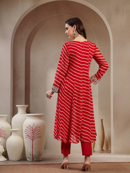 Red Leheriya Printed & Embroidered Georgette A-Line Kurta Pant Set