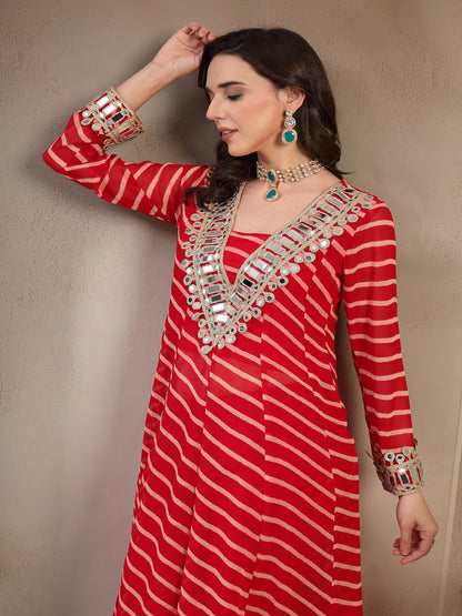 Red Leheriya Printed & Embroidered Georgette A-Line Kurta Pant Set