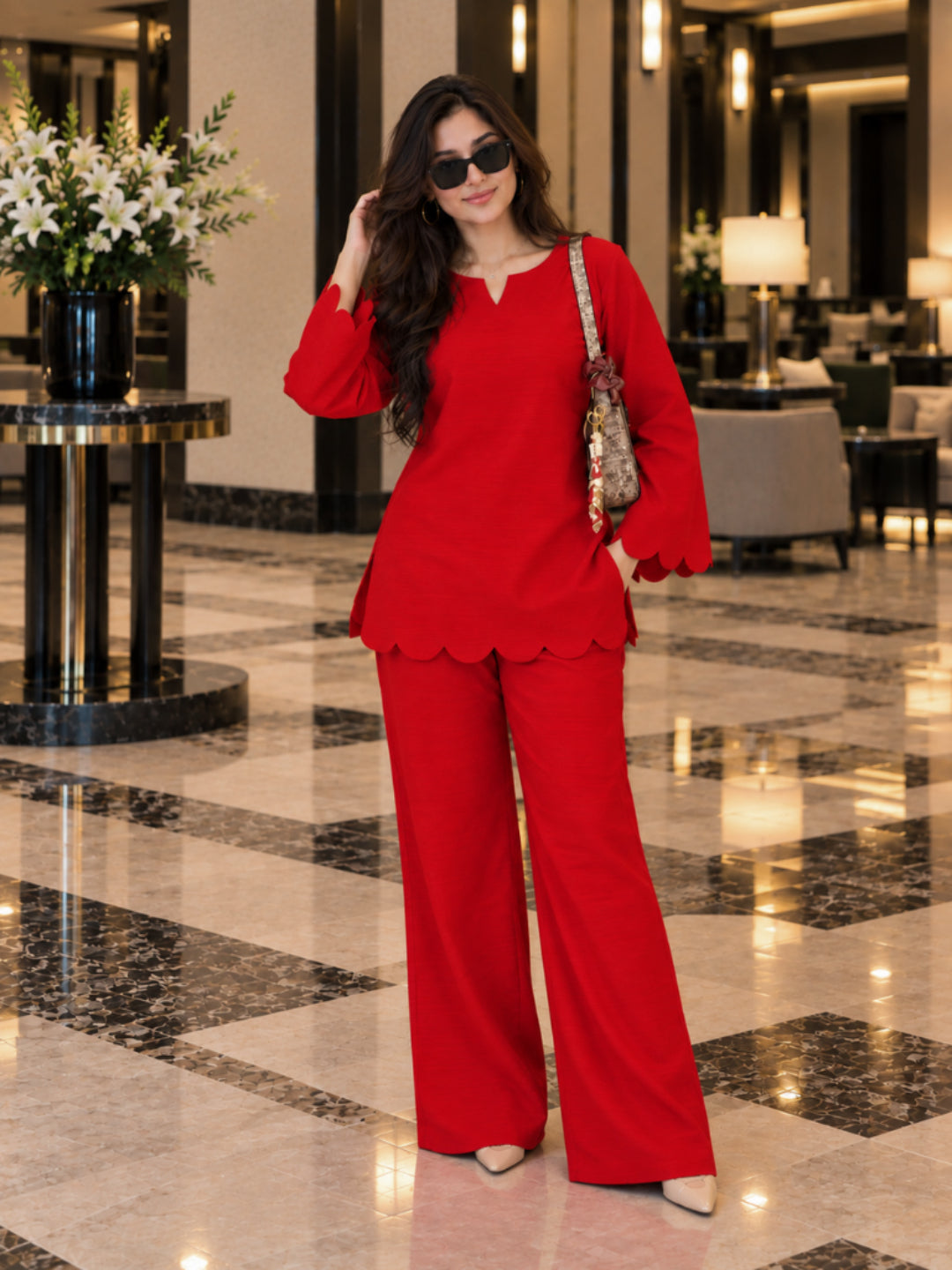 Solid Cotton Blend Straight Short Kurti With Palazzo Set