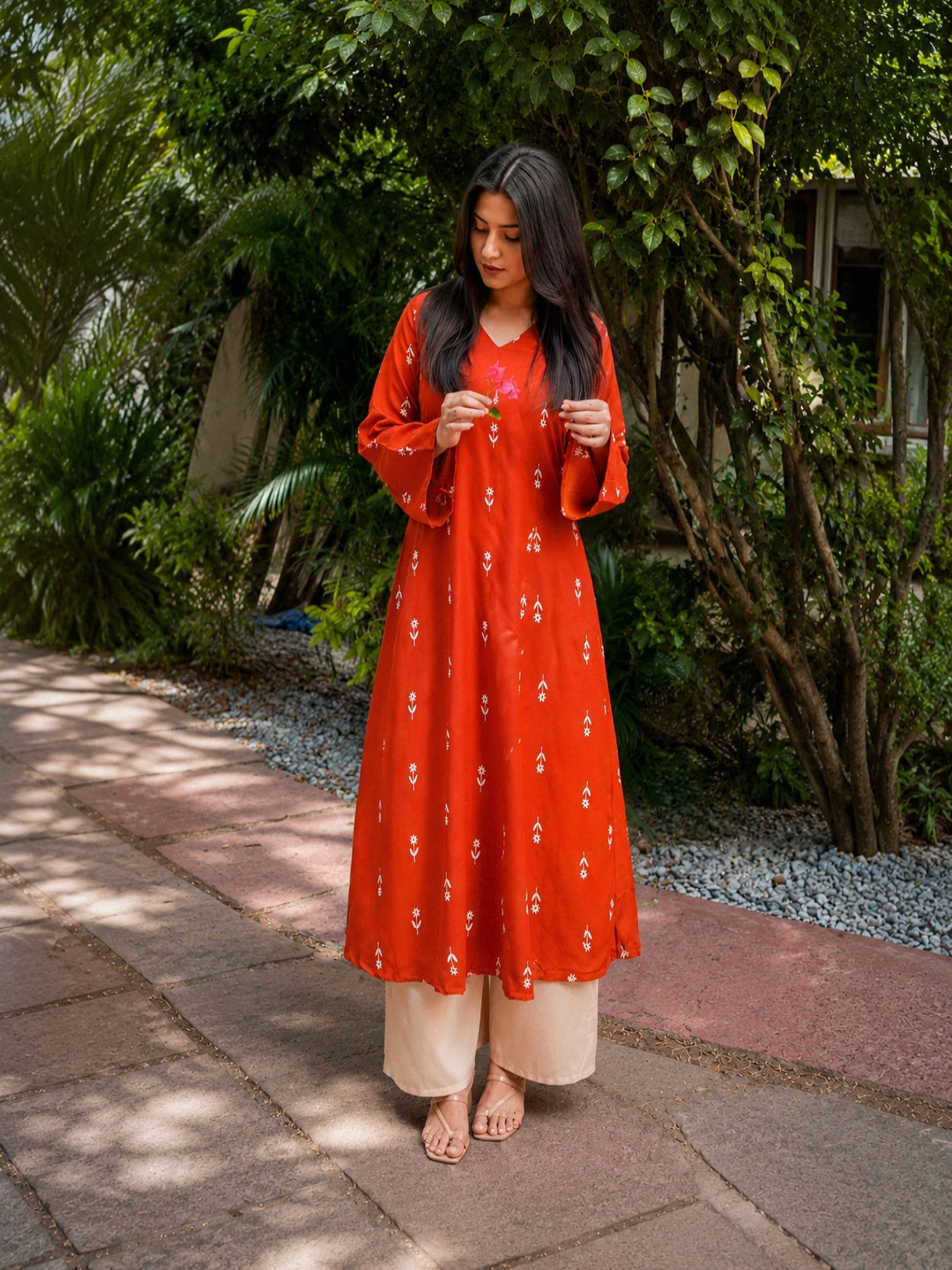 Floral Printed Rayon A-Line Kurta With Palazzo