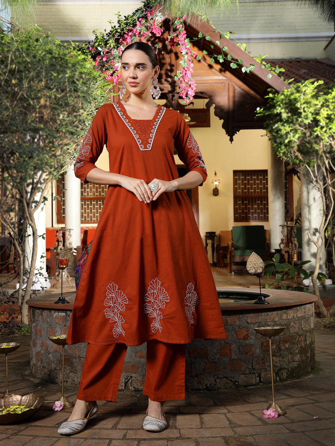 Rust Solid & Embroidered Cotton A-Line Kurta Pant Set (Pre-Order)