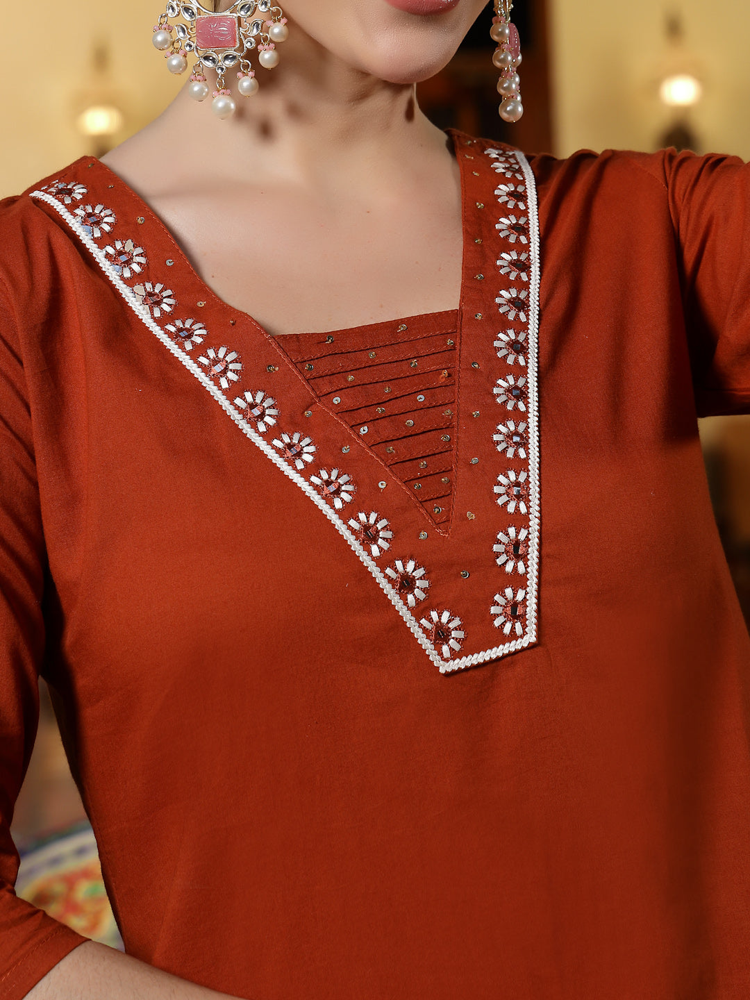 Rust Solid & Embroidered Cotton A-Line Kurta Pant Set (Pre-Order)