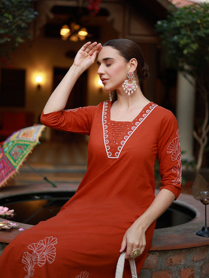 Rust Solid & Embroidered Cotton A-Line Kurta Pant Set (Pre-Order)