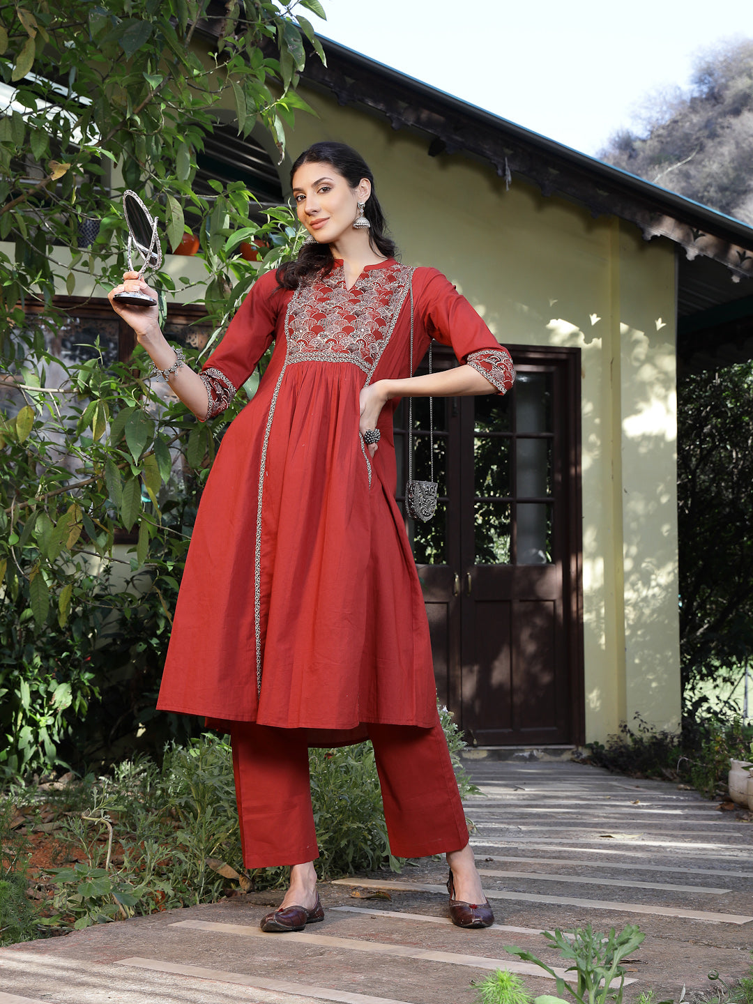 Rust Printed Cotton A-Line Kurta Pant Set (Pre-Order)