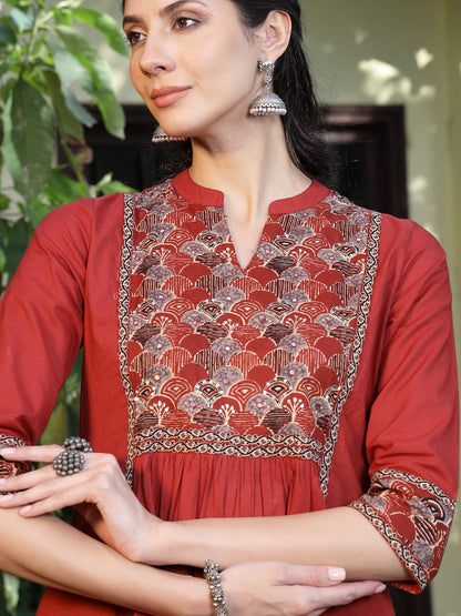 Rust Printed Cotton A-Line Kurta Pant Set (Pre-Order)