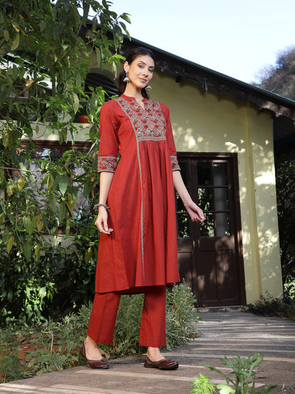 Rust Printed Cotton A-Line Kurta Pant Set (Pre-Order)