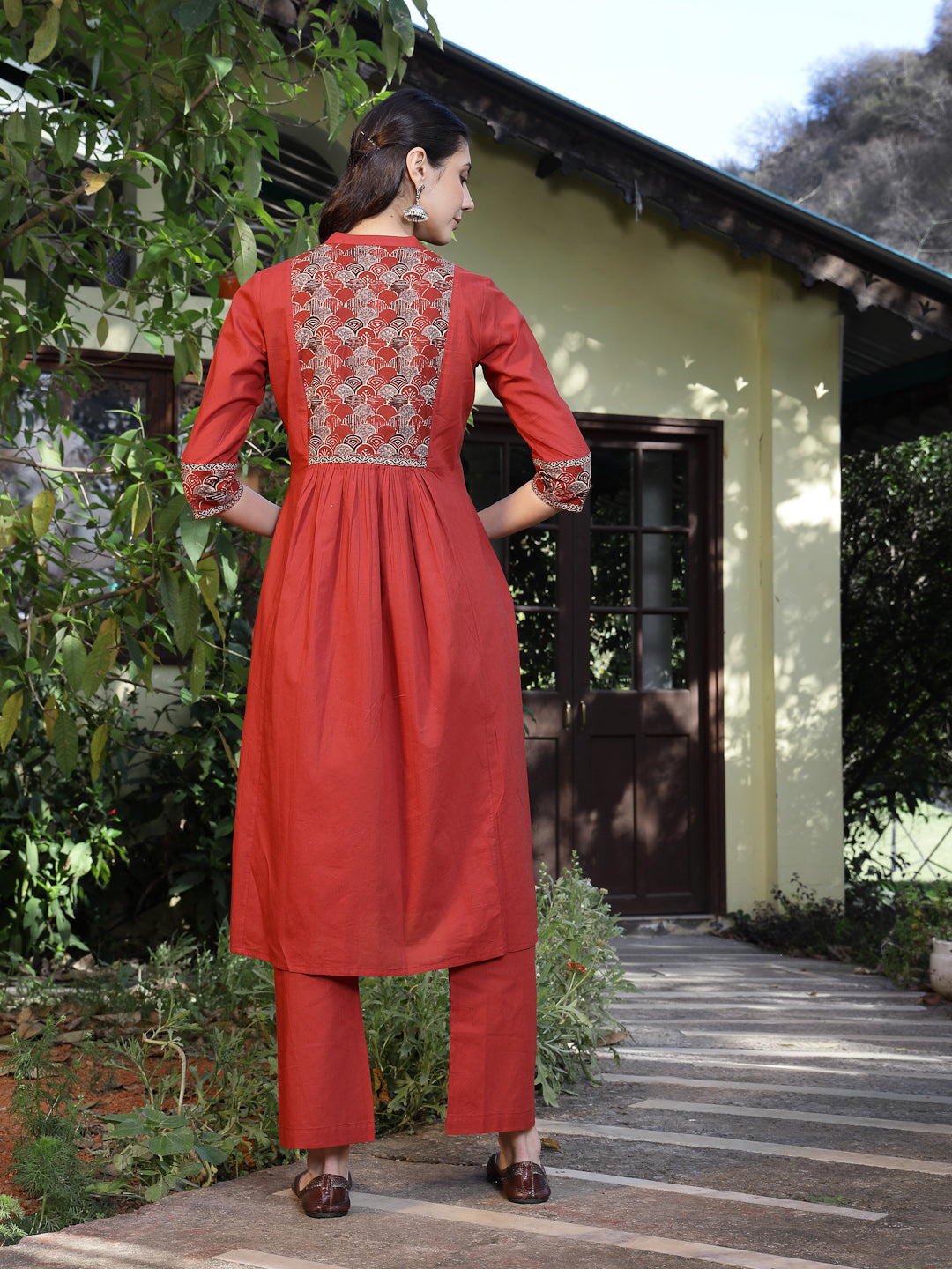Rust Printed Cotton A-Line Kurta Pant Set (Pre-Order)