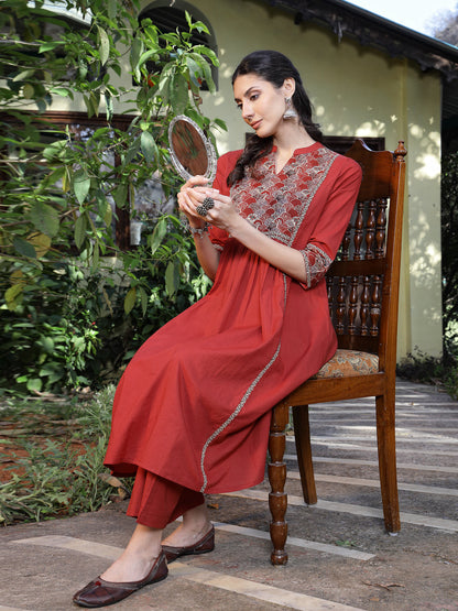 Rust Printed Cotton A-Line Kurta Pant Set (Pre-Order)