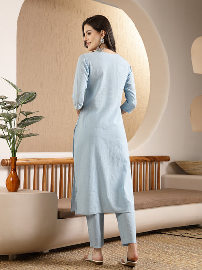 Sky Blue Woven Design & Embroidered Kantha Cotton Straight Kurta with Pant (Pre-Order)