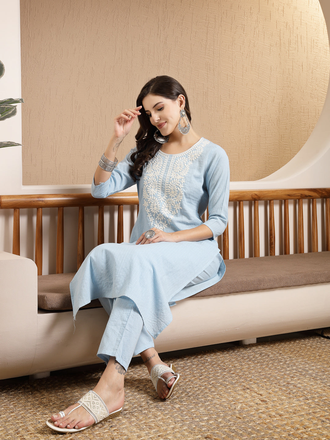 Sky Blue Woven Design &amp; Embroidered Kantha Cotton Straight Kurta with Pant