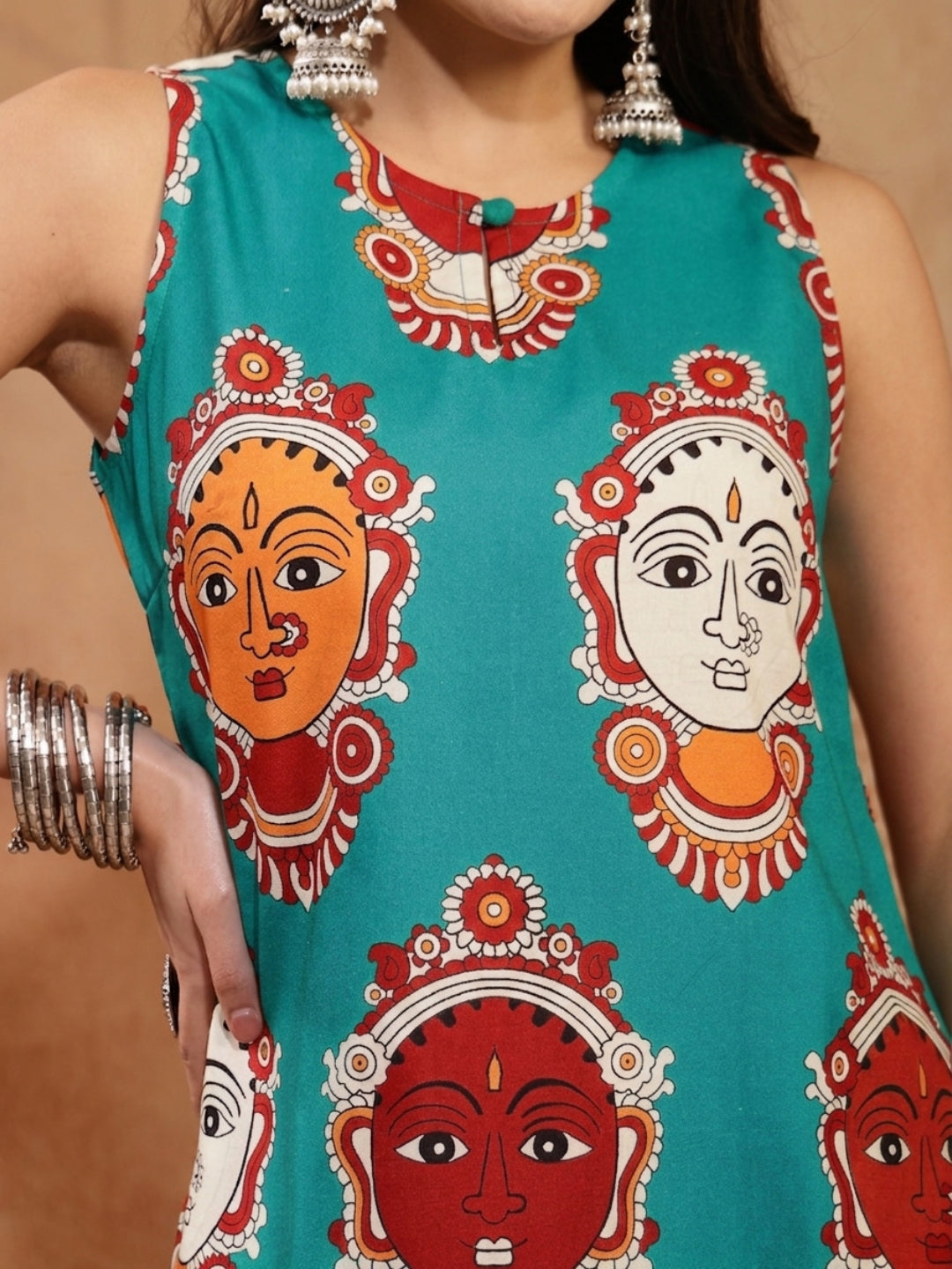 Kalamkari Face Printed Rayon A-Line Kurta Palazzo Set