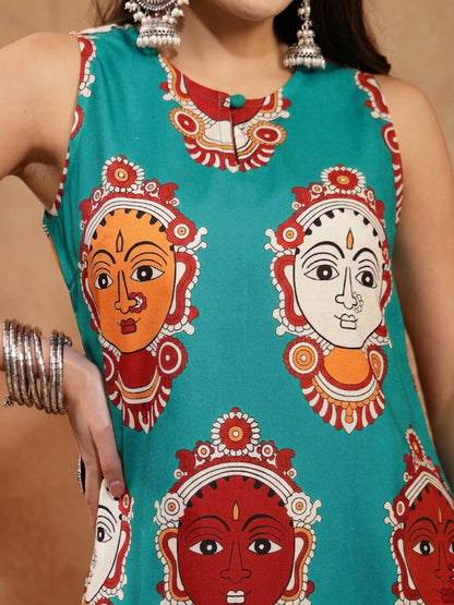 Kalamkari Face Printed Rayon A-Line Kurta Palazzo Set