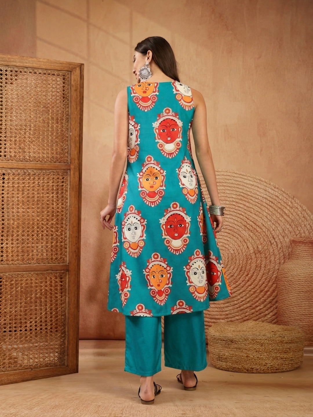Kalamkari Face Printed Rayon A-Line Kurta Palazzo Set