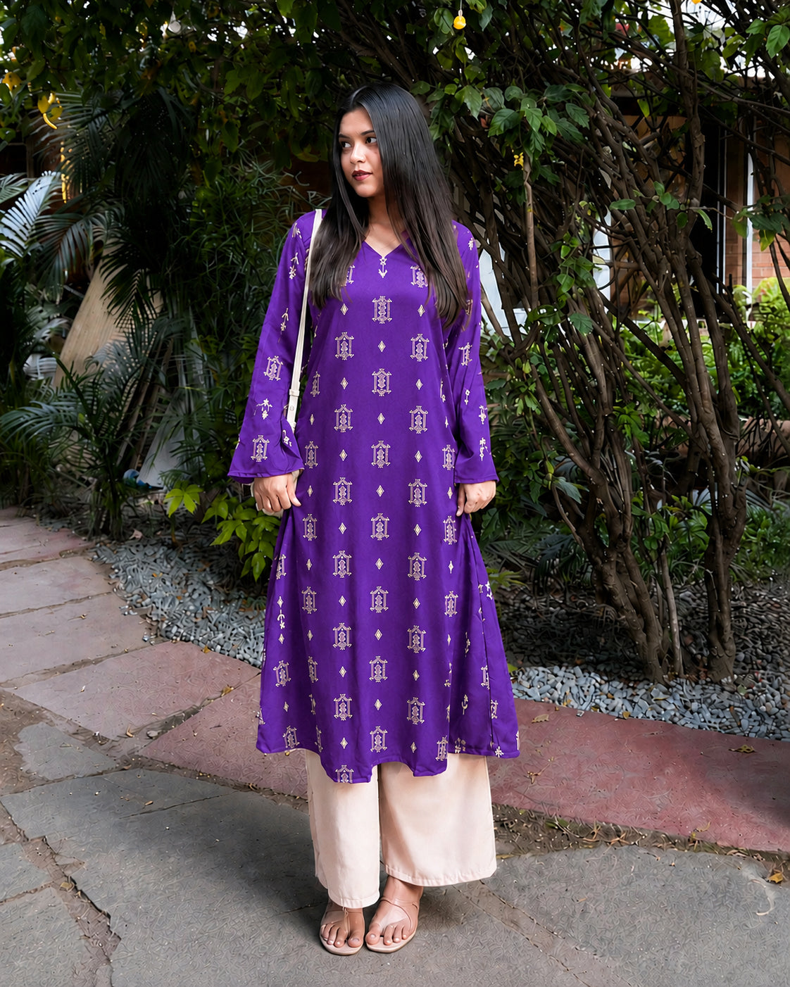Ikat Printed Rayon A-Line Kurta With Palazzo