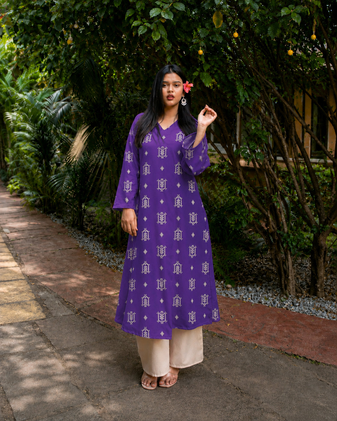Ikat Printed Rayon A-Line Kurta With Palazzo