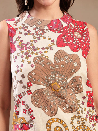 White Floral Printed Cotton Flax Straight Kurta Palazzo Set