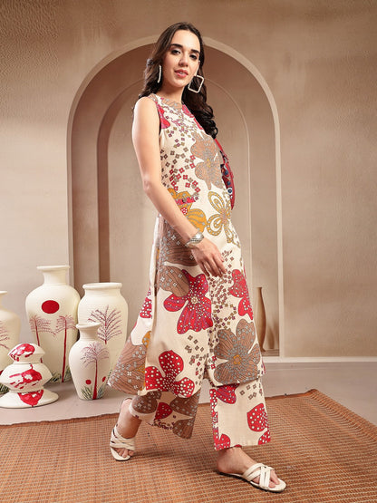 White Floral Printed Cotton Flax Straight Kurta Palazzo Set