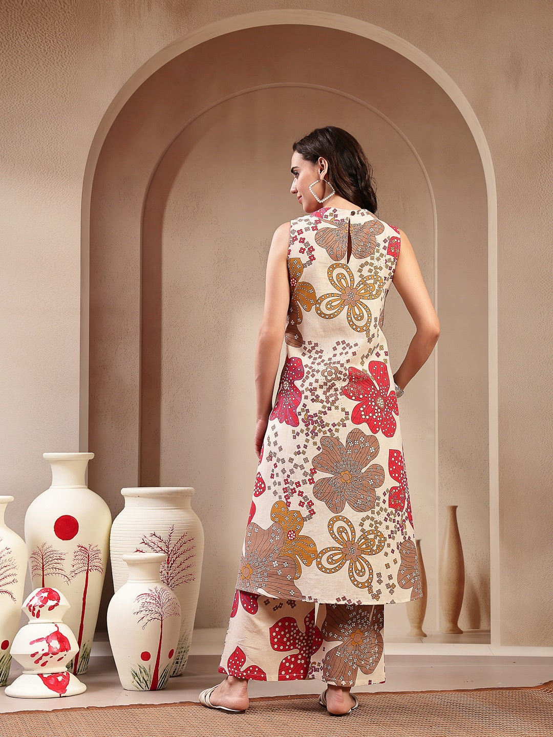 White Floral Printed Cotton Flax Straight Kurta Palazzo Set