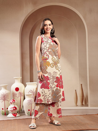 White Floral Printed Cotton Flax Straight Kurta Palazzo Set