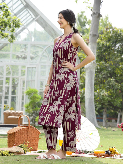 Wine Printed Cotton Straight Kurta Pant Set (Pre-Order)