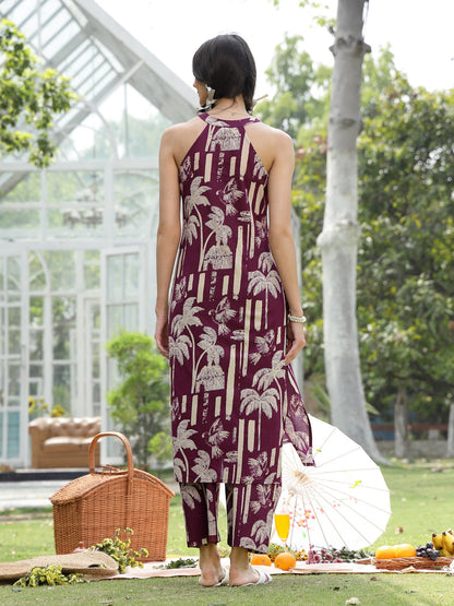 Wine Printed Cotton Straight Kurta Pant Set (Pre-Order)
