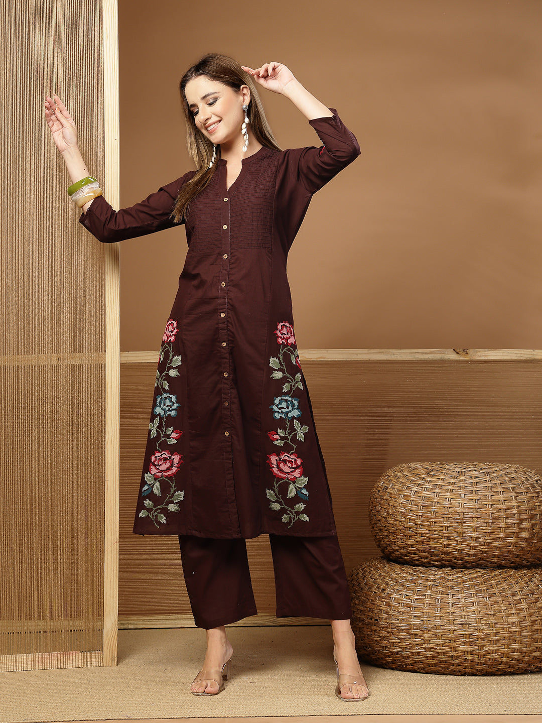 Solid &amp; Embroidered Cotton A-Line Kurta Pant Set