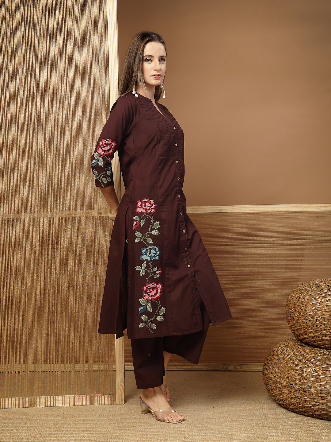 Solid &amp; Embroidered Cotton A-Line Kurta Pant Set