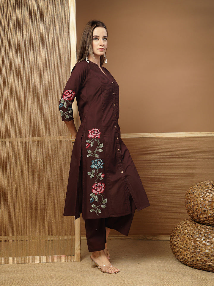 Solid &amp; Embroidered Cotton A-Line Kurta Pant Set