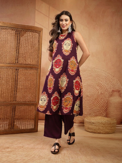 Kalamkari Face Printed Rayon A-Line Kurta Palazzo Set