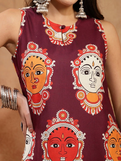 Kalamkari Face Printed Rayon A-Line Kurta Palazzo Set