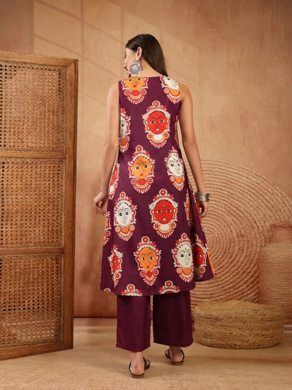 Kalamkari Face Printed Rayon A-Line Kurta Palazzo Set