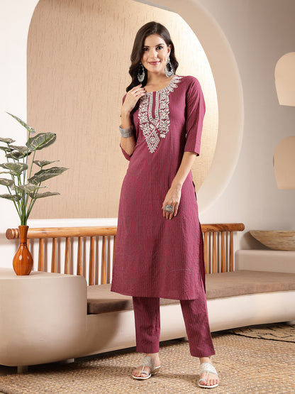 Magenta Woven Design & Embroidered Kantha Cotton Straight Kurta with Pant (Pre-Order)