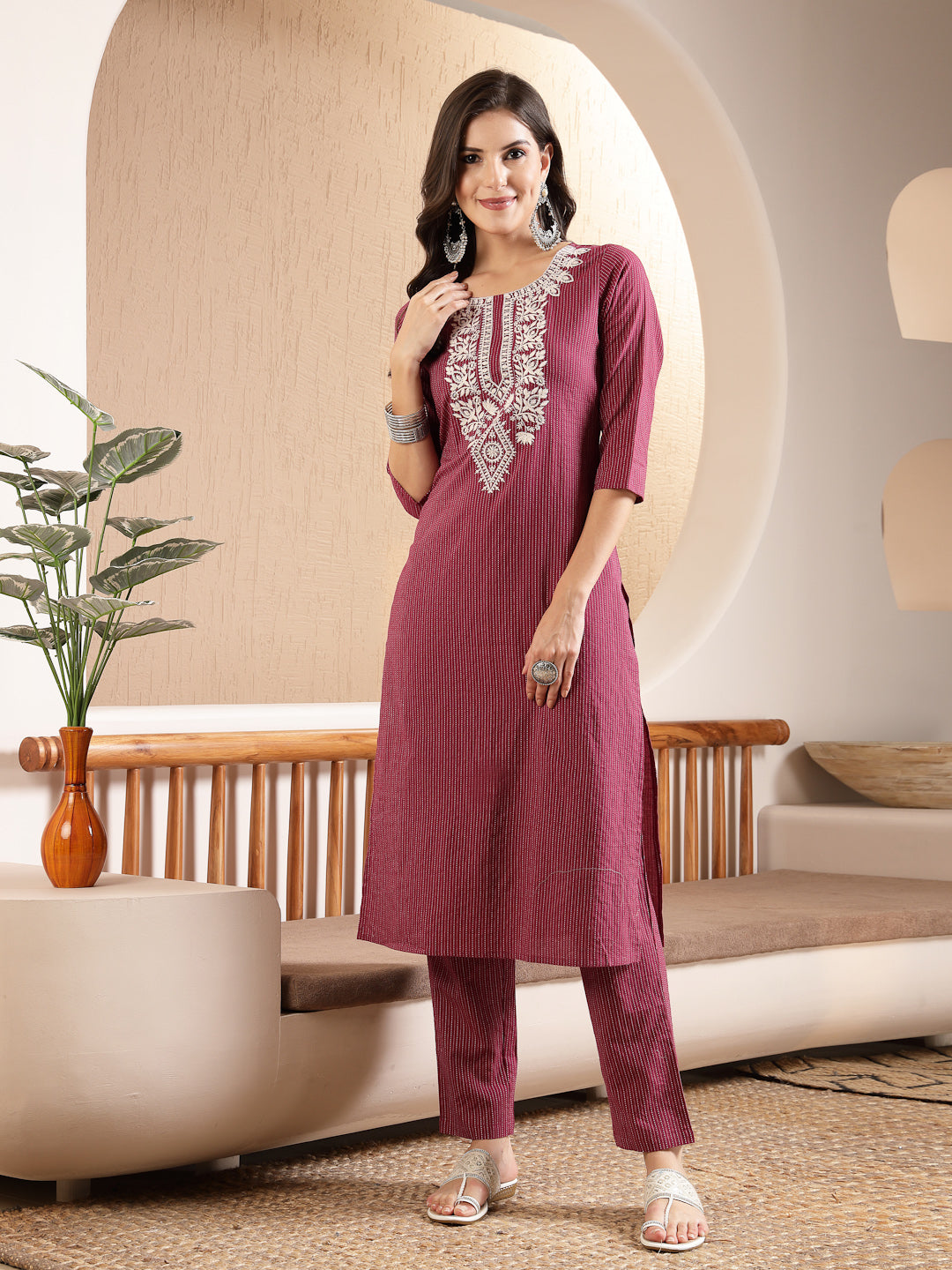 Magenta Woven Design &amp; Embroidered Kantha Cotton Straight Kurta with Pant