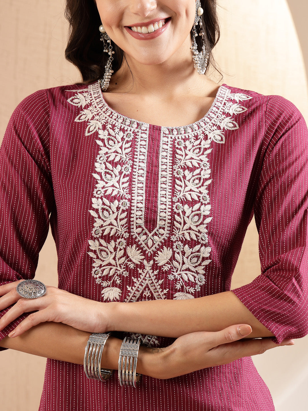 Magenta Woven Design &amp; Embroidered Kantha Cotton Straight Kurta with Pant