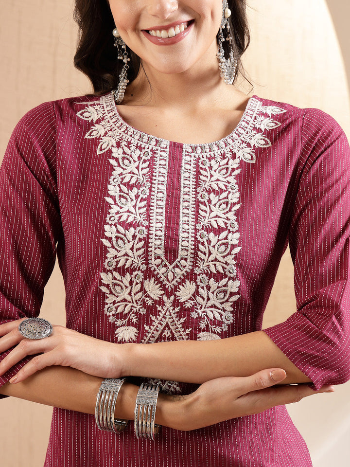 Magenta Woven Design &amp; Embroidered Kantha Cotton Straight Kurta with Pant