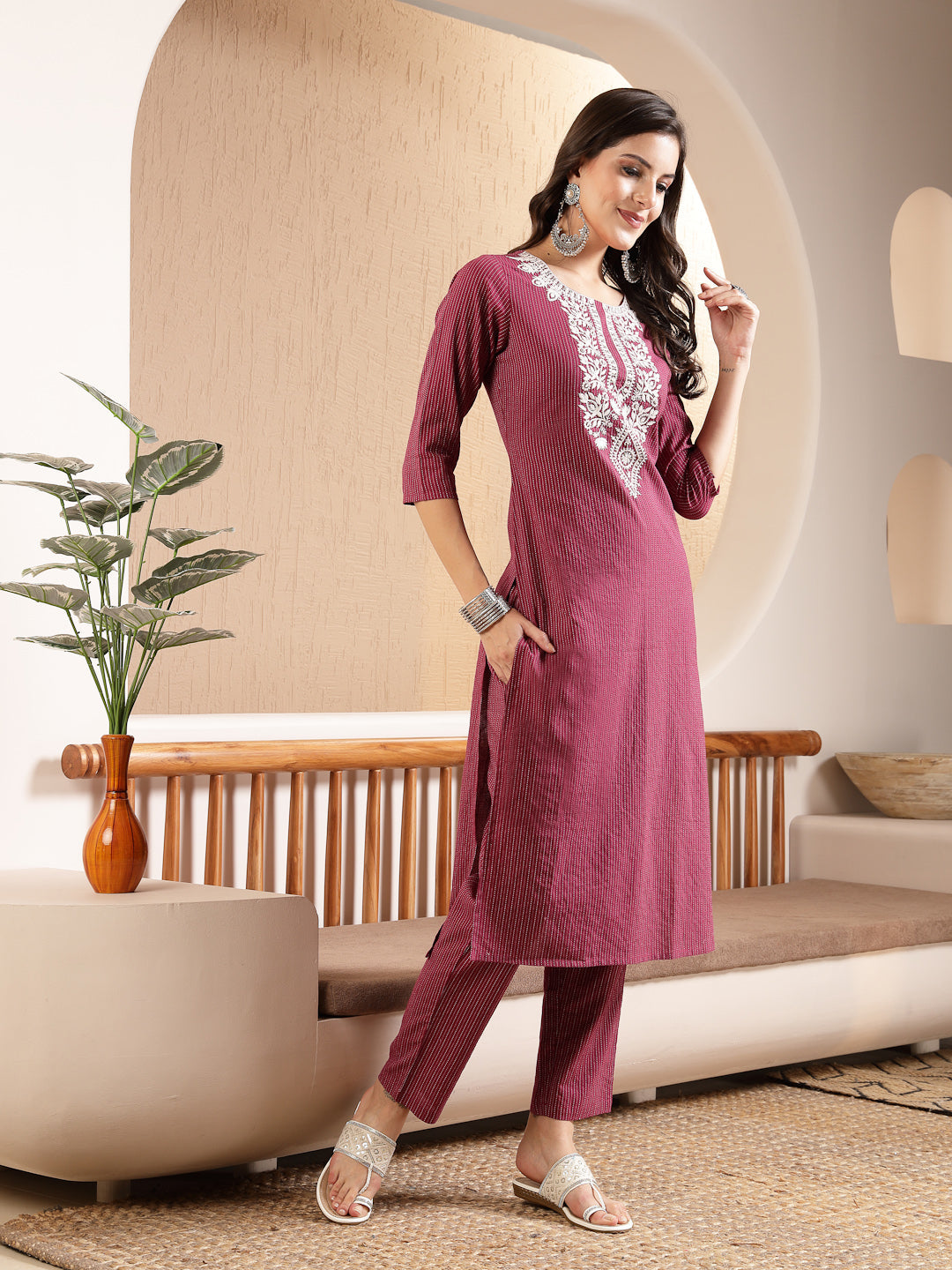 Magenta Woven Design &amp; Embroidered Kantha Cotton Straight Kurta with Pant