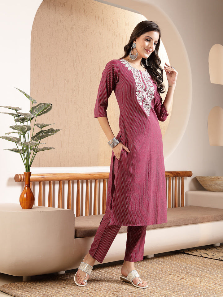 Magenta Woven Design &amp; Embroidered Kantha Cotton Straight Kurta with Pant