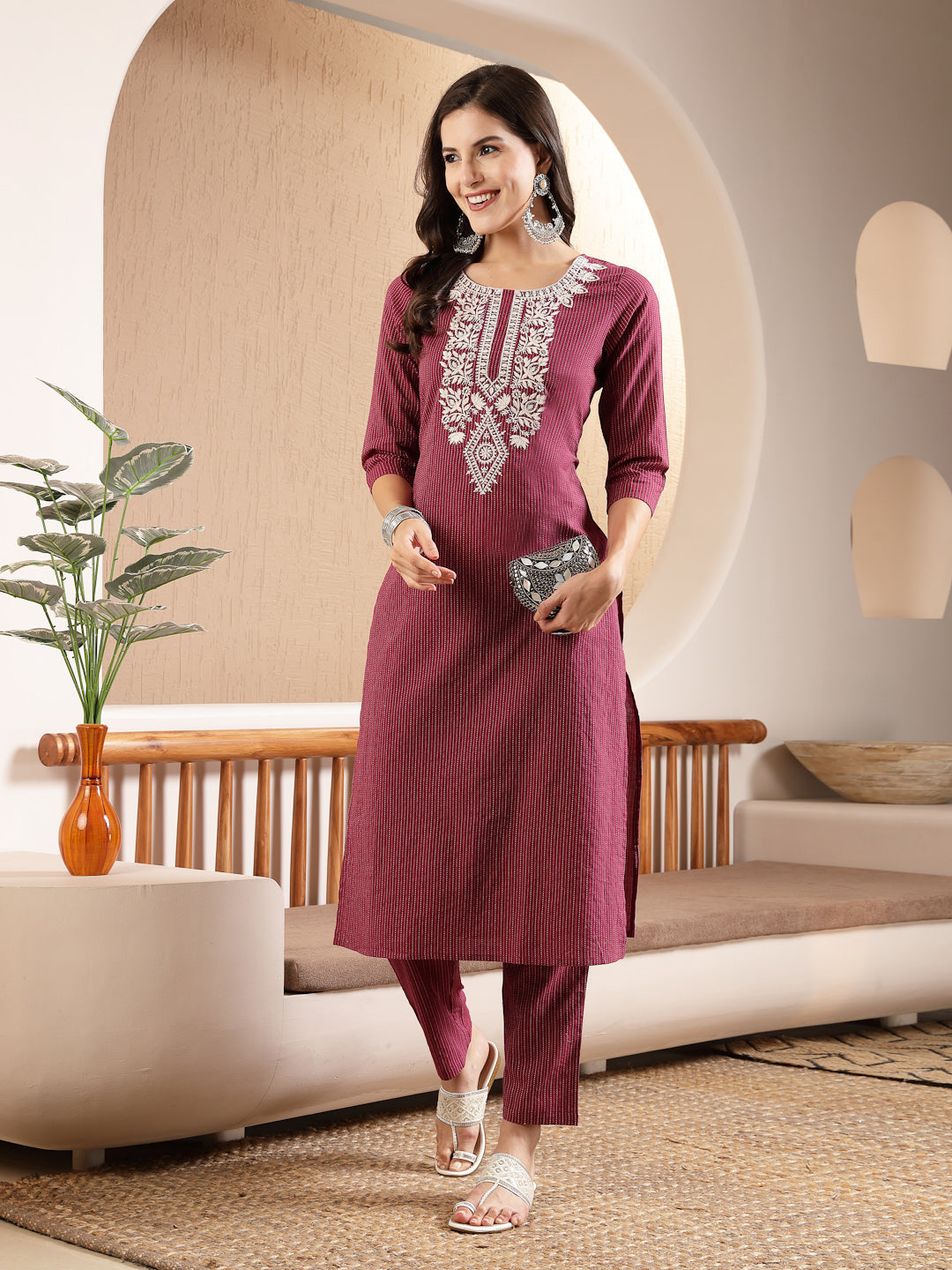 Magenta Woven Design & Embroidered Kantha Cotton Straight Kurta with Pant