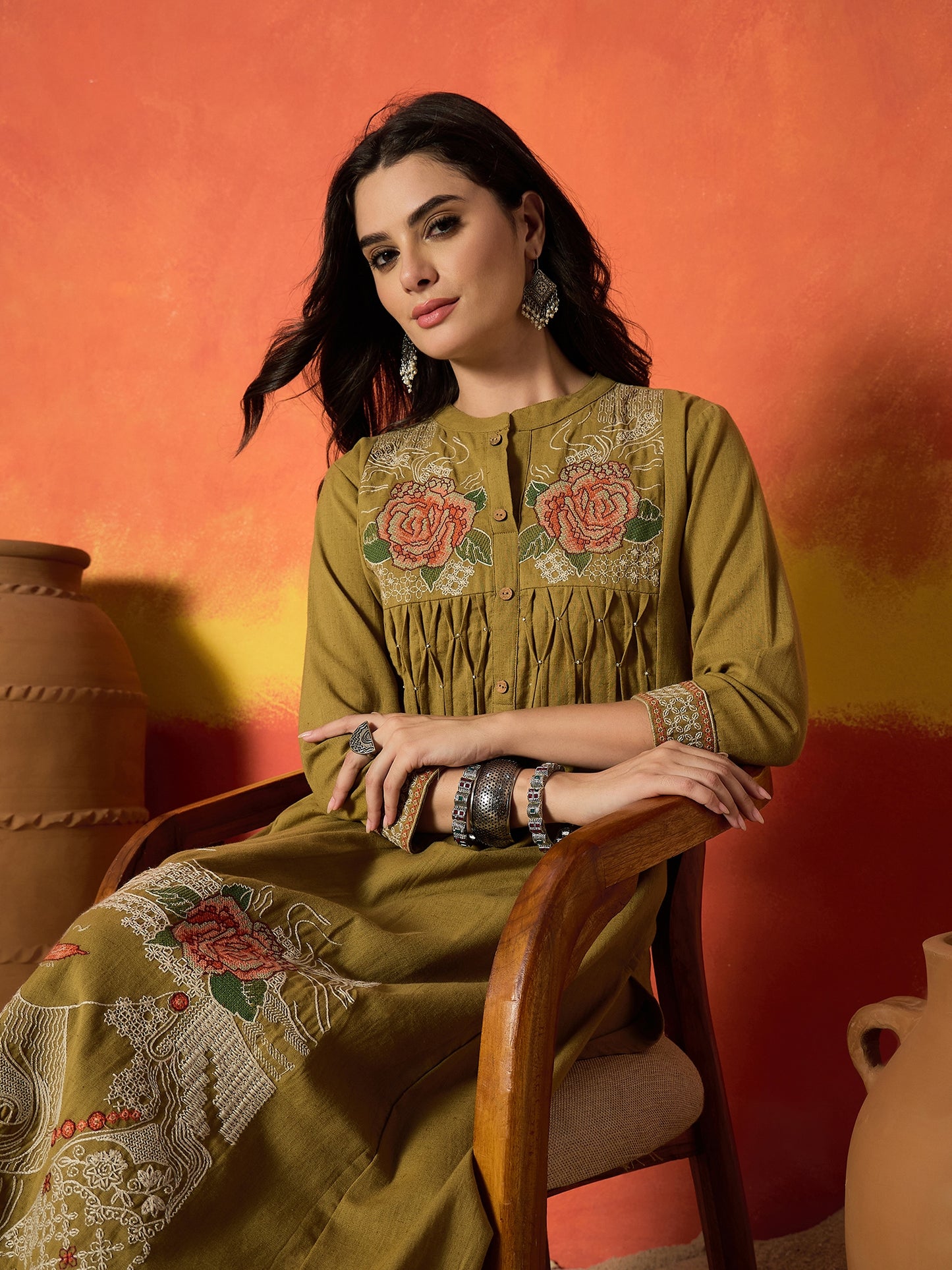 Solid & Embroidered Cotton Flex A-Line Kurta Palazzo Set