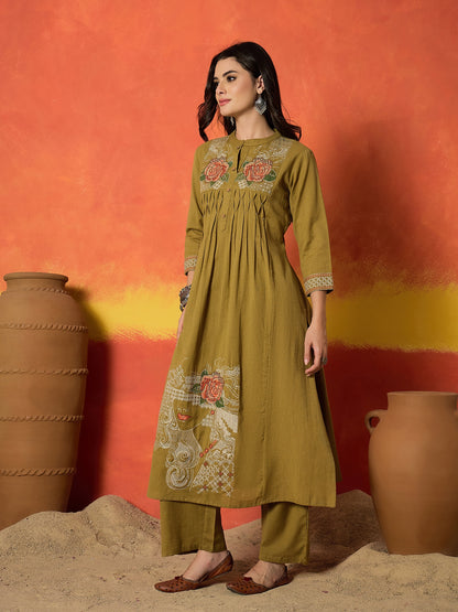 Solid & Embroidered Cotton Flex A-Line Kurta Palazzo Set